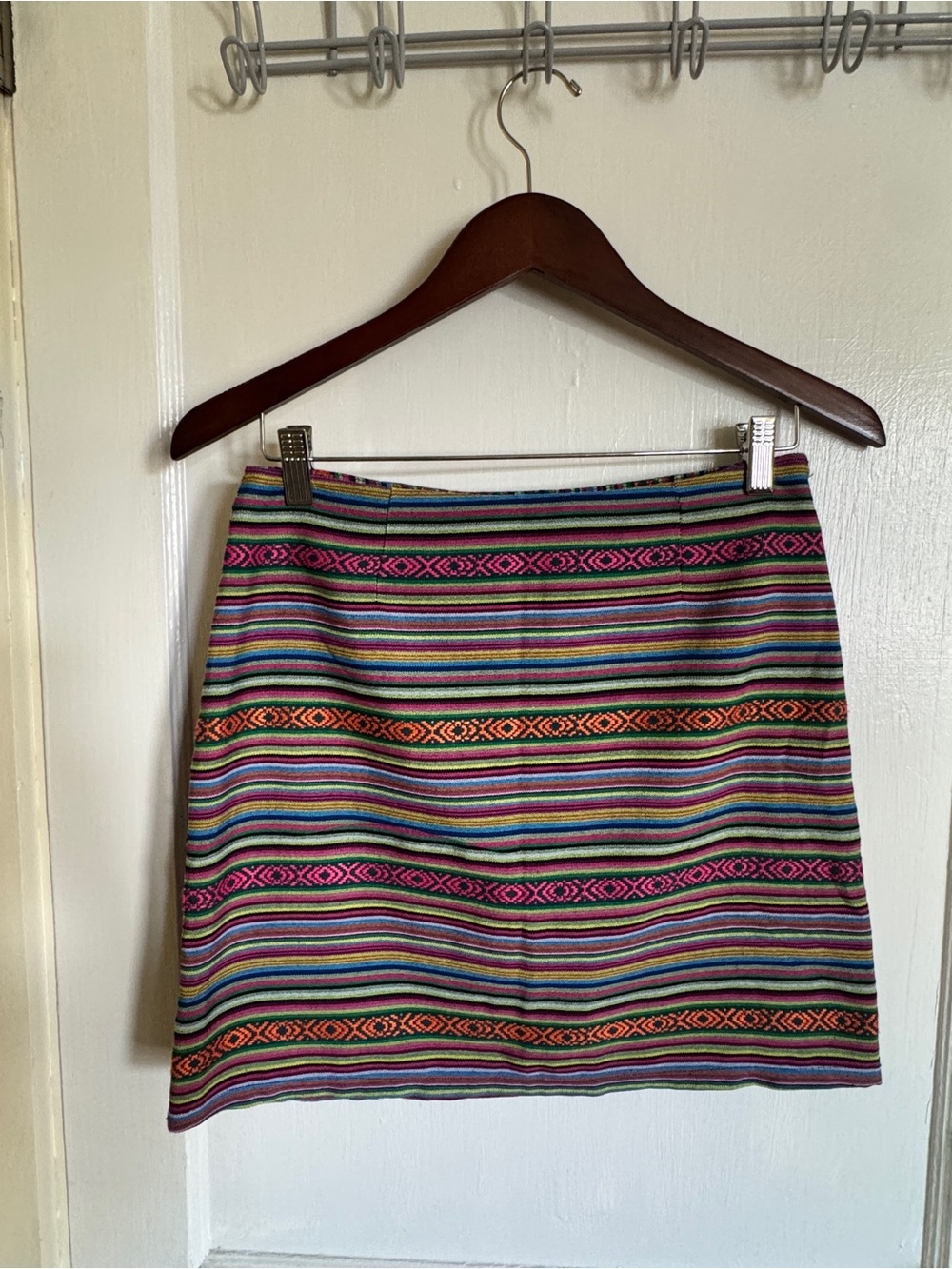Kaisely Striped Aztec-Pattern Mini Skirt in Pink, Orange, Blue, Green